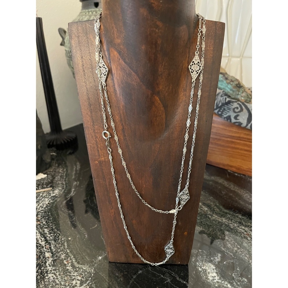 Accessocraft NYC Long Necklace - Silver Color - Victorian Style - 48"